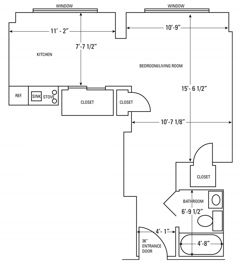 Plano de piso de un apartamento estudio en Isabella House