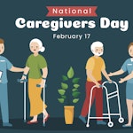 Illustration of caregivers and patients with a title National Caregivers Day February 17