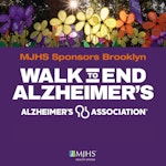 Flores encima del texto sobre un fondo morado que dice MJHS es el patrocinador presentador de la Walk to End Alzheimer's de Brooklyn.